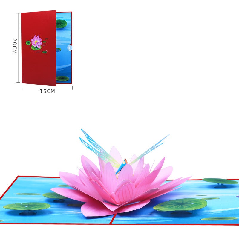Color Printing Small Fresh 3D Lotus Dragonfly Stereo Greeting Card Pop-Up Holiday Paper Carving Thanksgiving Blessing Message Card - Image 1